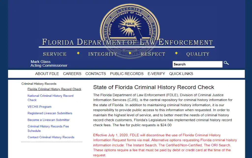 Florida department of law enforcement website screenshot explaining how to do a FL criminal history records check with links to livescan options. 