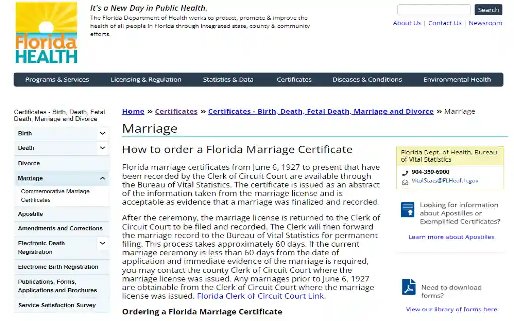 A screenshot showing how to order free Florida marriage records through the Florida Department of Health. 