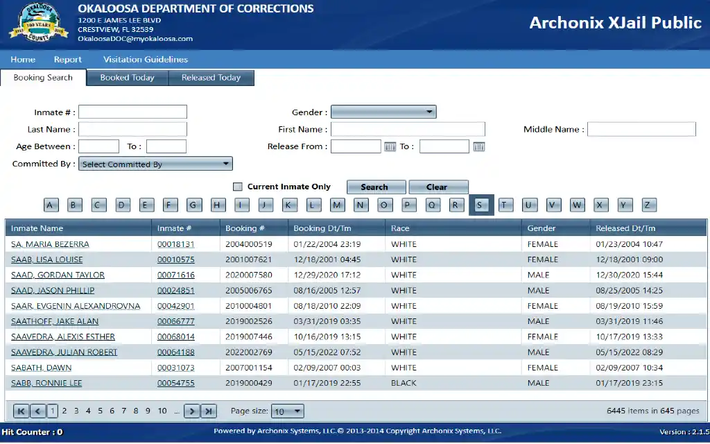 Okaloosa department of corrections inmate portal lookup with entry boxes for names and a list of current inmates. 
