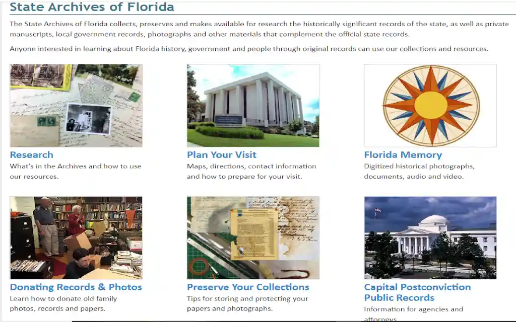 Florida State archives website with links to finding FL research.