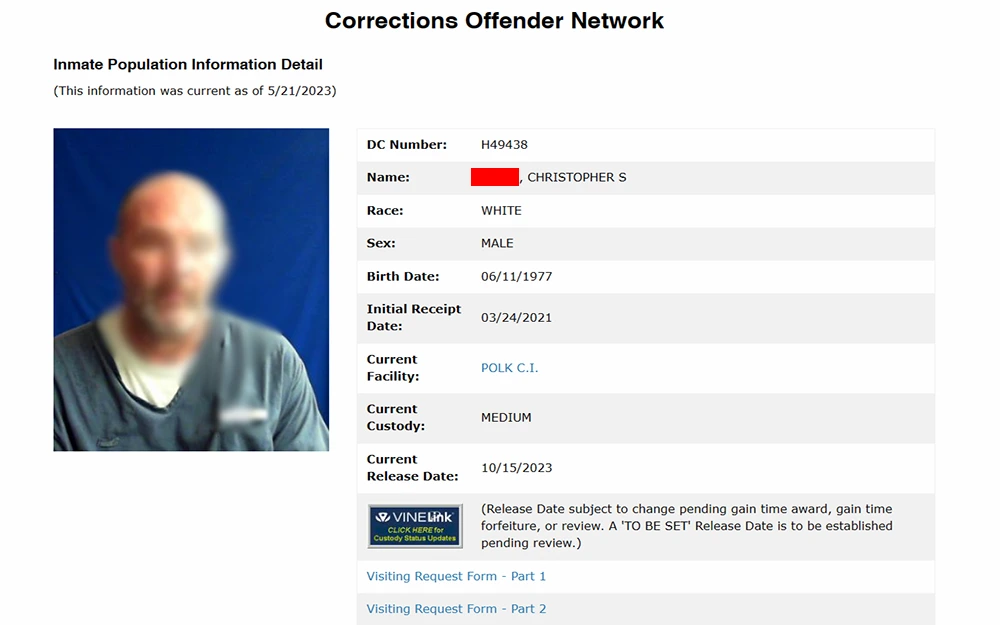 A screenshot showing the offender's face, personal identifiable information, and the two parts Visiting Request Form.