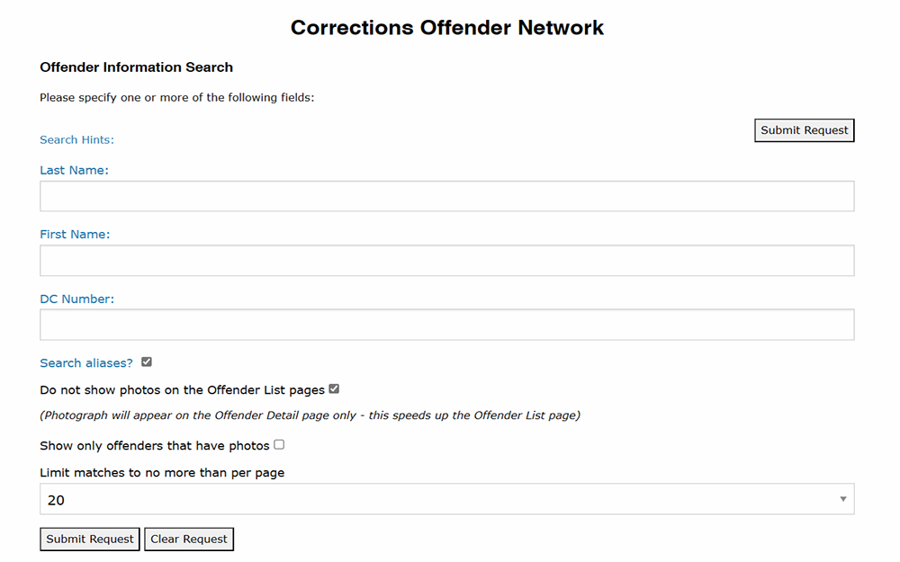 A screenshot of the Corrections Offender Network page showing a request form asking for search hints like the last name, first name, and/or the offender's DC number to retrieve an offender's information.