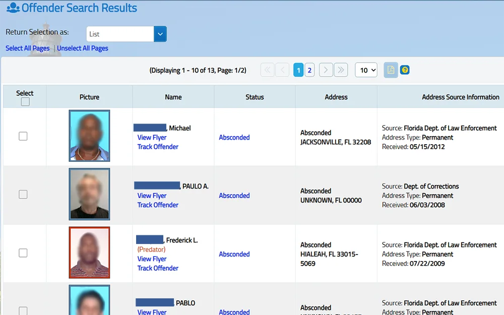 A screenshot of a sample Sexual Offenders and Predators search result showing the offender's picture, name, status, address, and address source information.