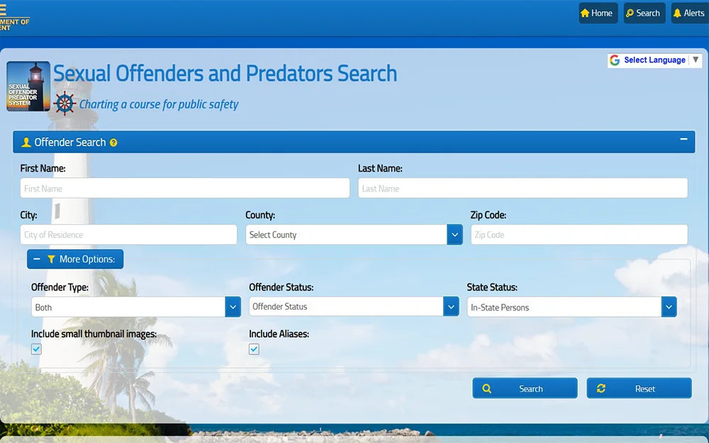 A screenshot of the Sexual Offenders and Predators Search tool showing the needed information to enter to find the offender's information.