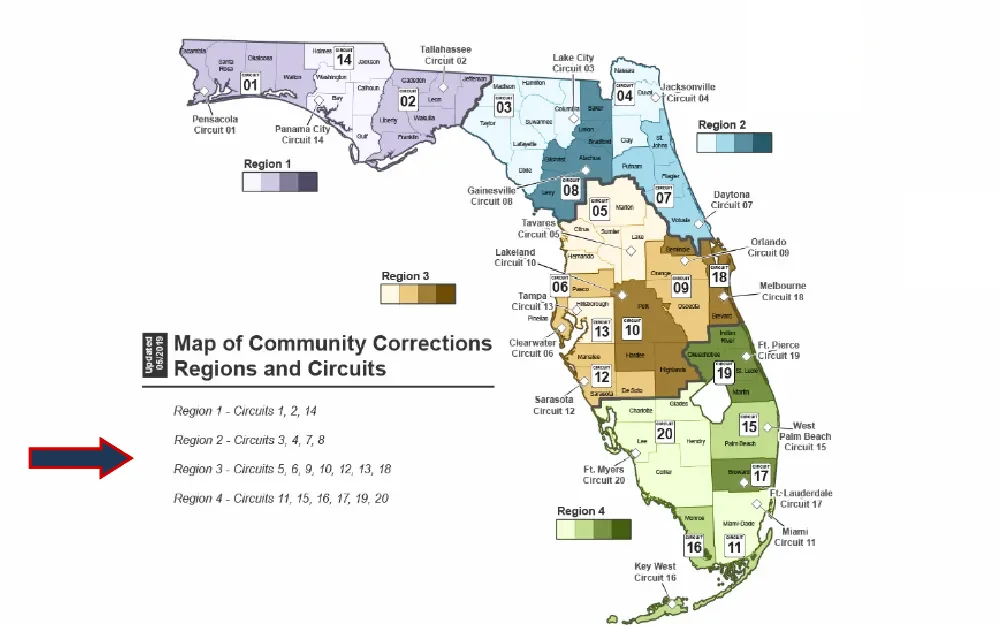A screenshot showing the map of Community Corrections Regions and Circuits divided into four colors based on different regions with different shades based on every circuit.