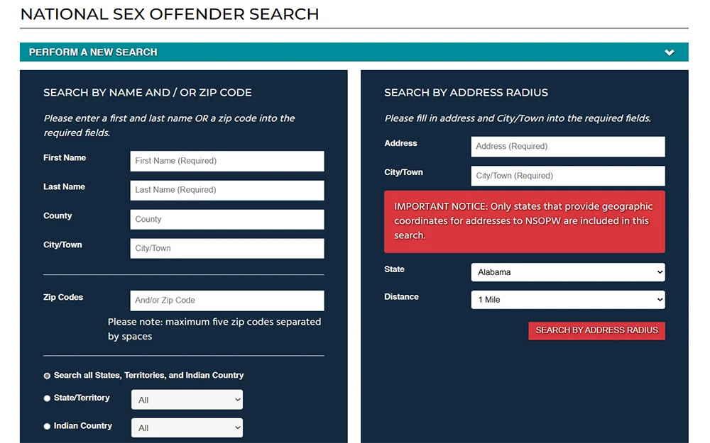 A screenshot from the National Sex Offender Registry website showing the search criteria page.