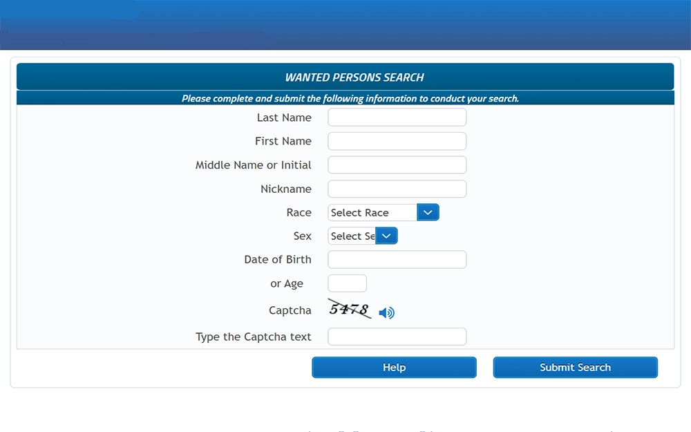A screenshot of a wanted persons online search form from the The Florida Department of Law Enforcement which contains fields for the subject's first name, last name, race, sex, date of birth, nickname and age. 