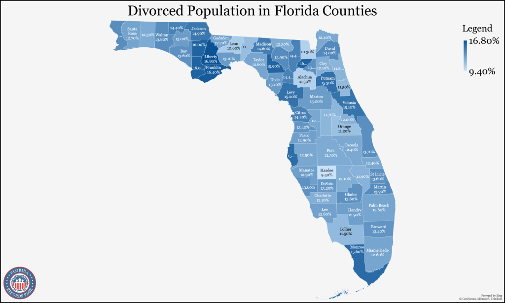 An image showing the map of Florida with divorce popaluation data (5-year estimates in 2021) of each counties in the state.