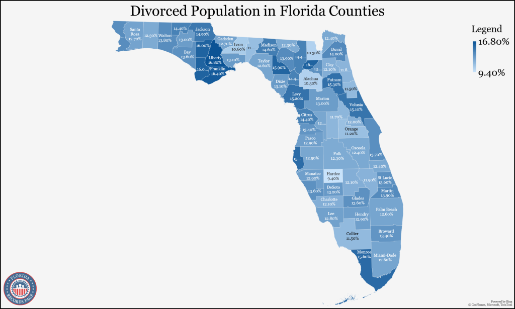 An image showing the map of Florida with divorce population data (5-year estimates in 2021) of each county in the state.