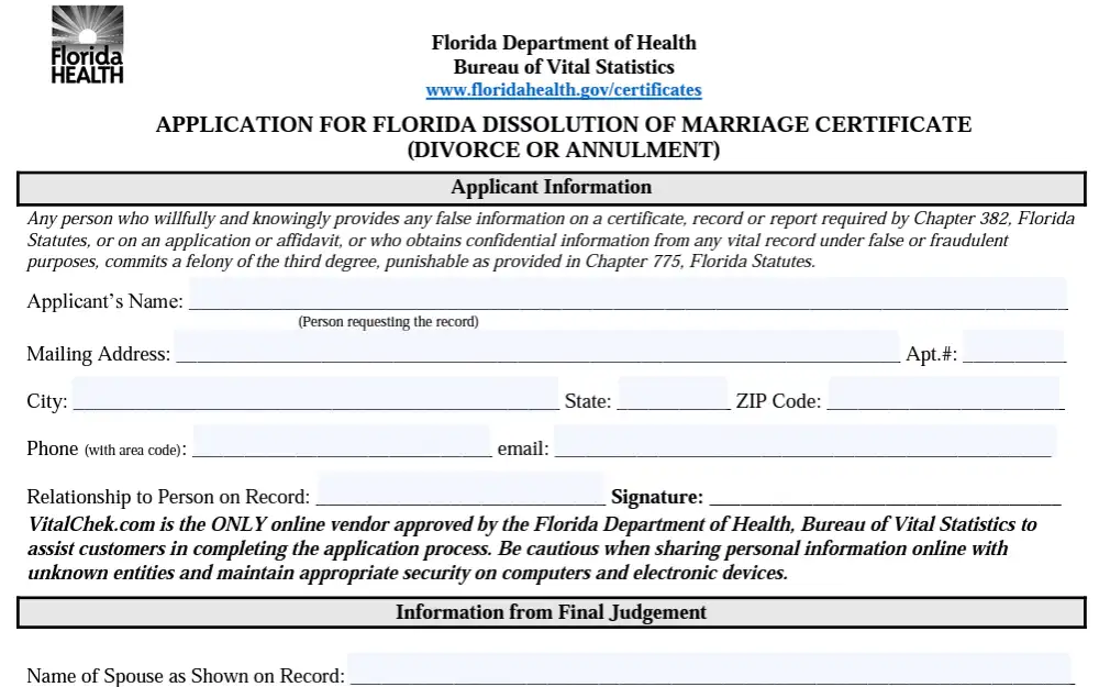 A screenshot of the form used to obtain dissolution of marriage certificate in Florida.