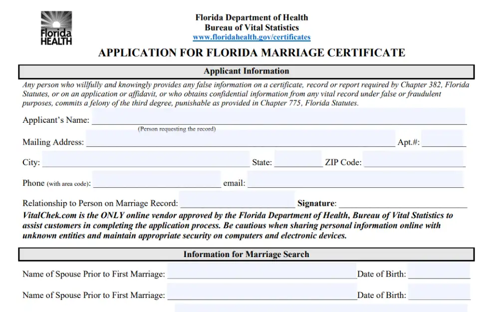 A screenshot of an application form for a Florida marriage certificate requires filling out some information, such as the applicant's name, mailing address, apartment number, city, state, ZIP code, phone number with area code, email address, relationship to the person on the marriage record, signature and other information for marriage search from the Florida Department of Health website.