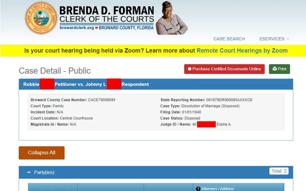 A screenshot of the search tool that allows the public to find out whether someone is divorced in Broward County.