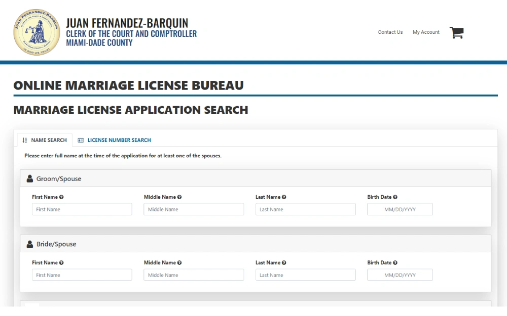 A screenshot showing a search tool can access marriage license applications by the groom/spouse's first, middle, and last name and birth date from the Clerk of the Court and Comptroller Miami-Dade County website.