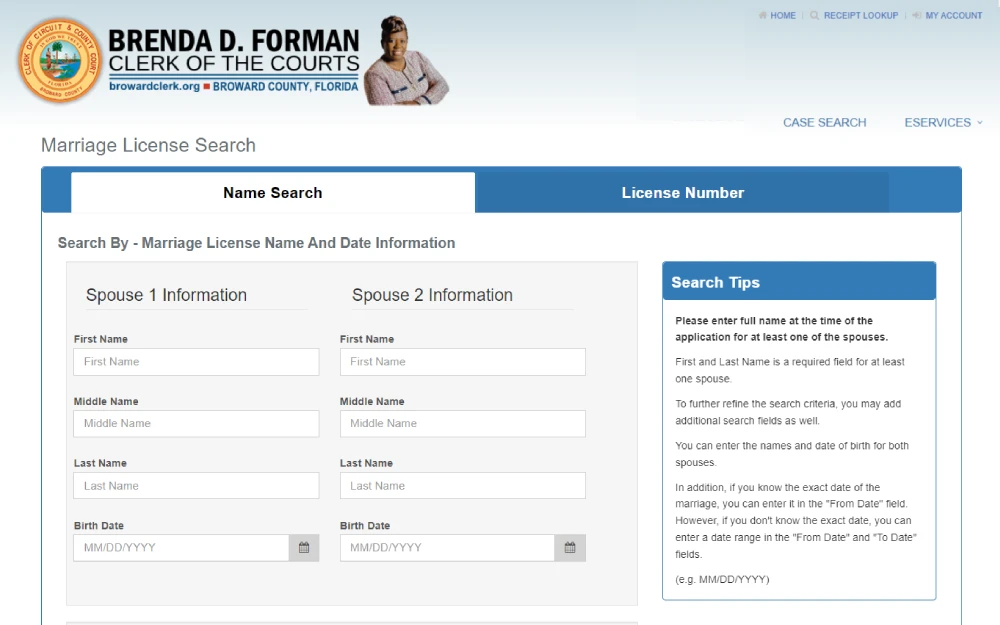 A screenshot displaying a search tool that can access marriage licenses by searching the groom and spouse's first, middle, and last name and birth date or by searching the license number from the Clerk of the Courts website.