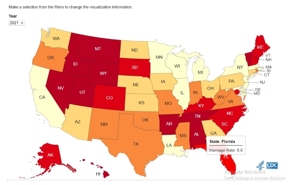 A screenshot displaying a visual map of different states and locations with their marriage rates based on provisional counts per 1,000 total population residing in an area with a year filter from 2019-2021 from the Centers for Disease Control and Prevention Website.