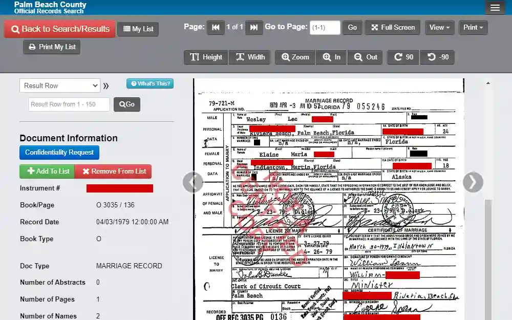 A screenshot of a sample result from the search done through the Official Records Search of Palm Beach County showing an uncertified copy of a marriage record and document information such as the instrument #, book page and type, doc type, and more.