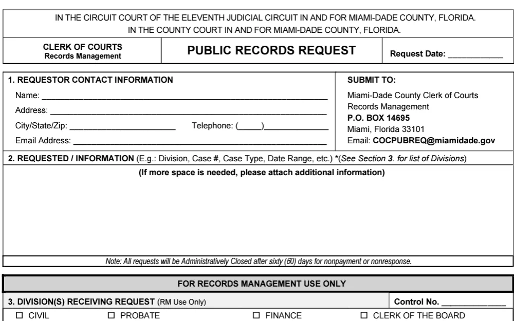 A screenshot of the form used to request public data in Miami-Dade County Clerk of Courts.