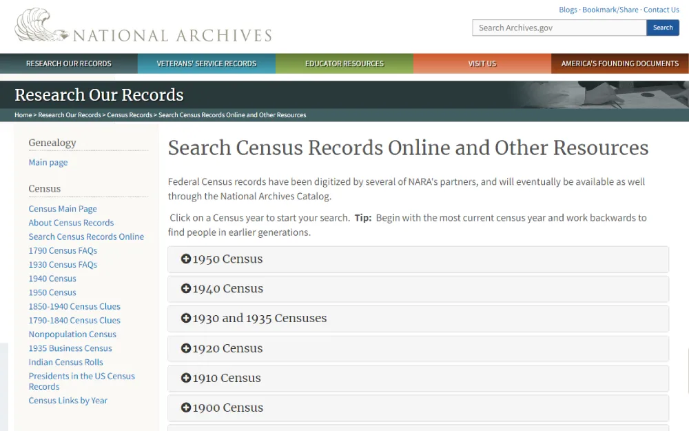 A screenshot showing a search tool that can be used to find online census records and other resources digitized by several of NARA's partners by clicking on the census year to search from the National Archives website.