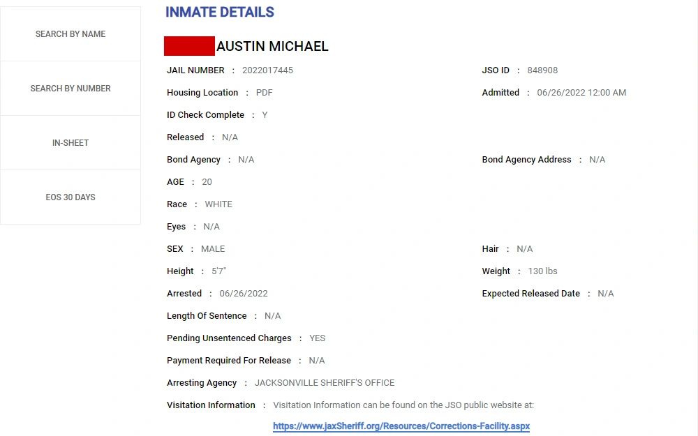 A screenshot of detailed information about an inmate, including the name, jail number, JSO ID, housing location, significant event dates, arresting agency, physical characteristics and visitation information.