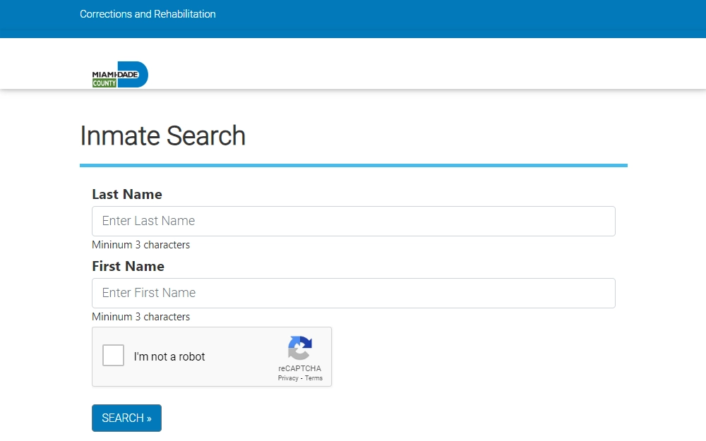 A screenshot of the inmate search tool from Miami-Dade County Corrections and Rehabilitation displays the fields provided for the first and last names of the person being searched.