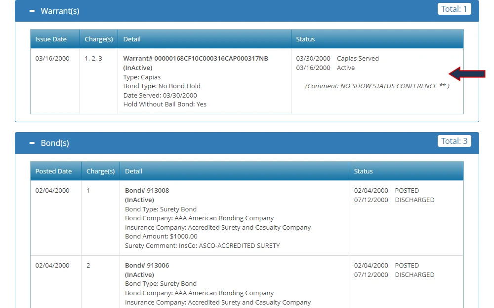 A screenshot of the warrant and bond details from one of the cases resulted in the public case search conducted through the platform provided by the Clerk of Court of Broward County, including issue or posted dates, charges, details, and status.