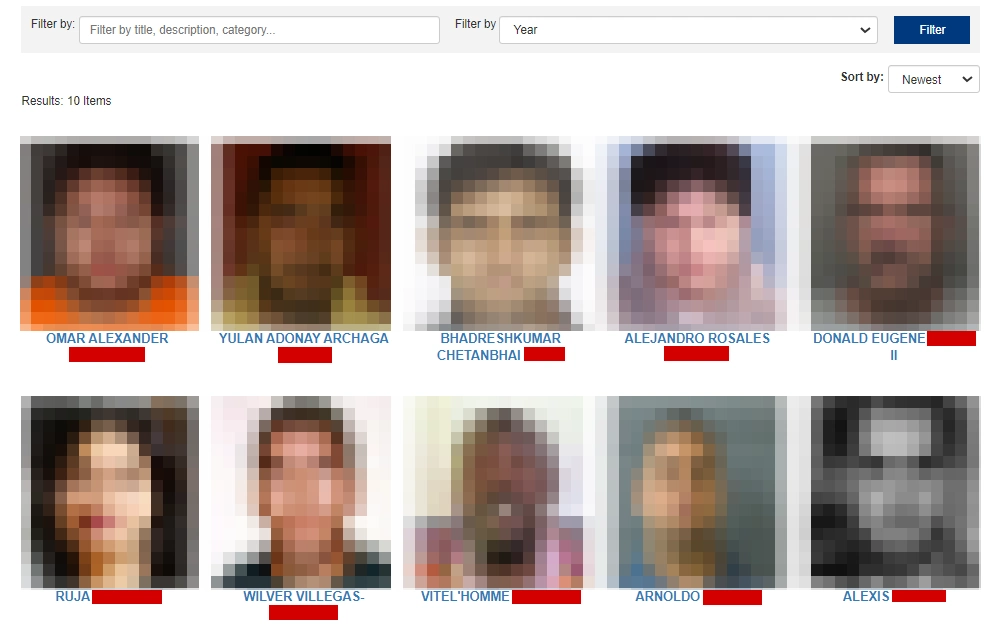 Screenshot of the Federal Bureau of Investigation's top ten most wanted fugitives posted in their website including the mugshots and full names with a search bar for filtering display.