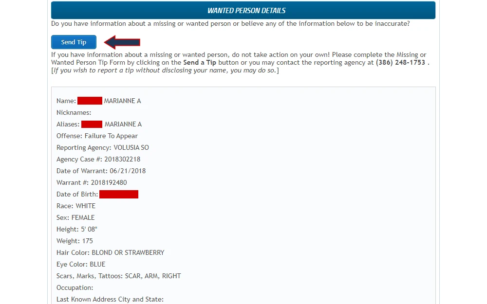 Screenshot of a wanted person's details from the Florida Department of Law Enforcement disclosing personal, offense, and warrant information, along with a button for sending tips located at the top and a short instruction.