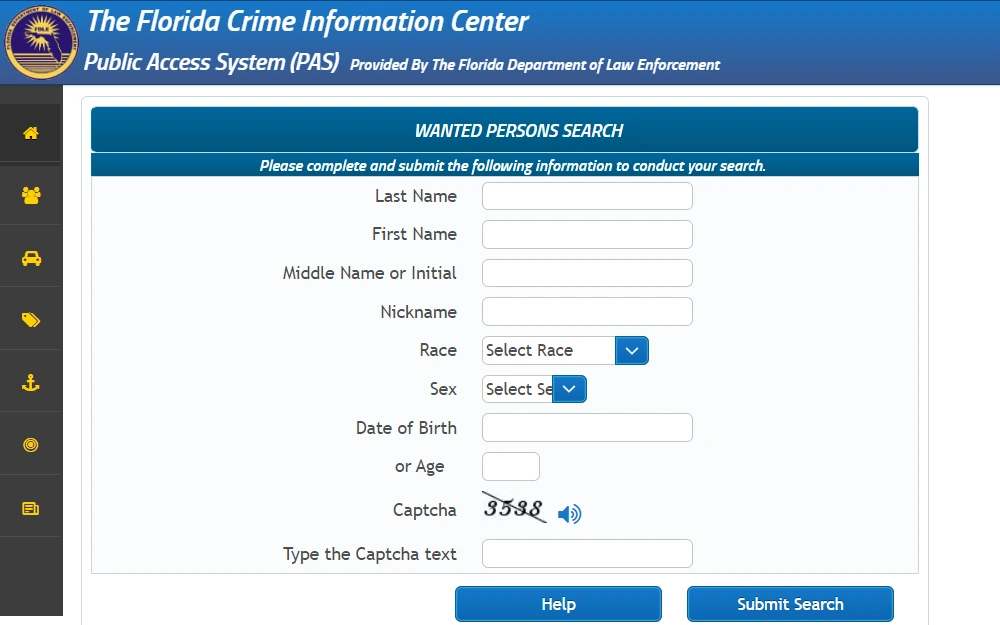 A screenshot of the wanted person search tool provided by the Florida Department of Law Enforcement displaying the fields for first, middle, and last names, nicknames, race, sex, birthday, and age, with another one dedicated to a captcha code. 