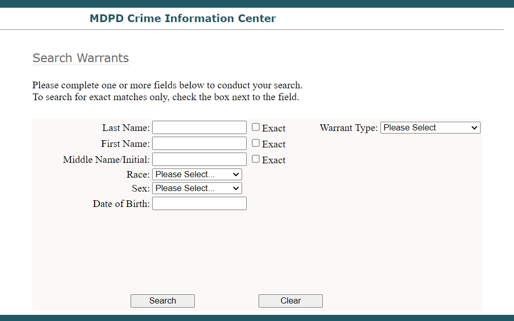 A screenshot of the search warrant tool provided by the Miami-Dade Police Department with fields dedicated for last name, first name, middle name or initial, race, sex, birthday, and warrant type, with an option to conduct a search with exact name.