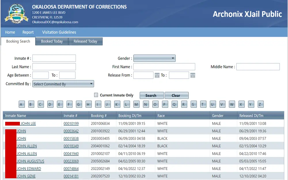 A screenshot from the Okaloosa Department of Corrections search tool for finding inmate details, with fields for personal information and lists displaying names, identification numbers, booking dates, race, gender, and release times.