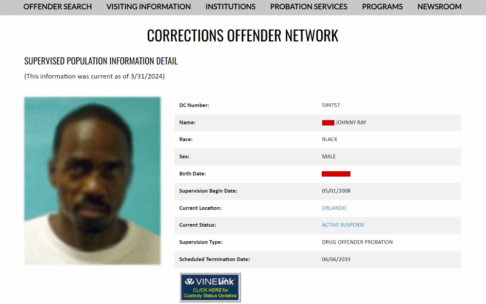 A screenshot from the Florida Department of Corrections showing a supervised individual's profile, including a photo, demographic details, supervision type related to a drug offense, and status, with a link for status updates.