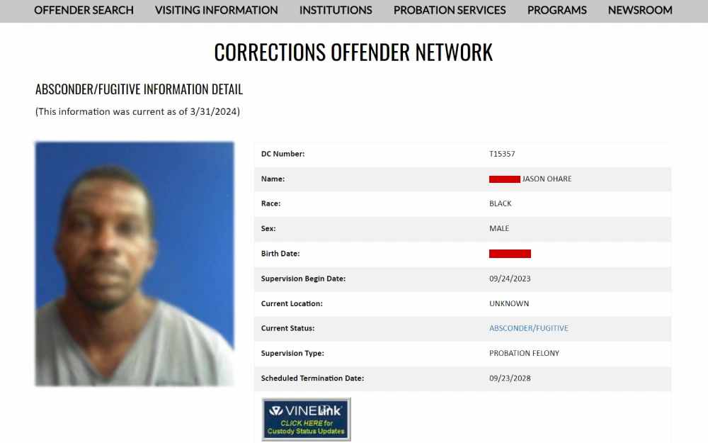 A screenshot from the Florida Department of Corrections detailing a photograph and details of an individual labeled as a fugitive, with personal information such as race, sex, birth date, supervision type, and dates, without specifying a location.
