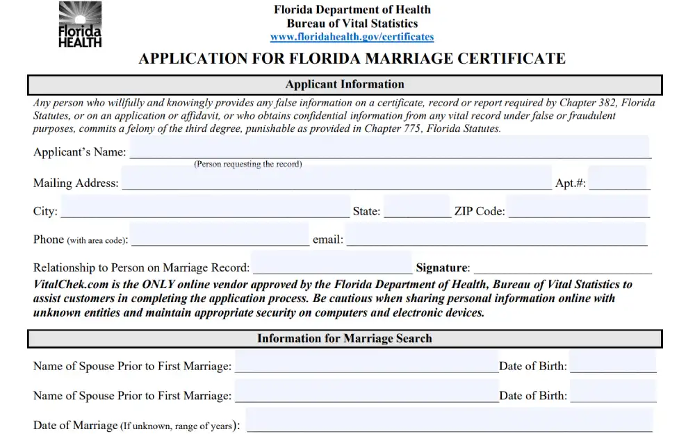 A screenshot of an application form for obtaining a marriage certificate from the Florida Department of Health, with fields for the applicant's details, relationship to the person on the record, and information for conducting a marriage search.