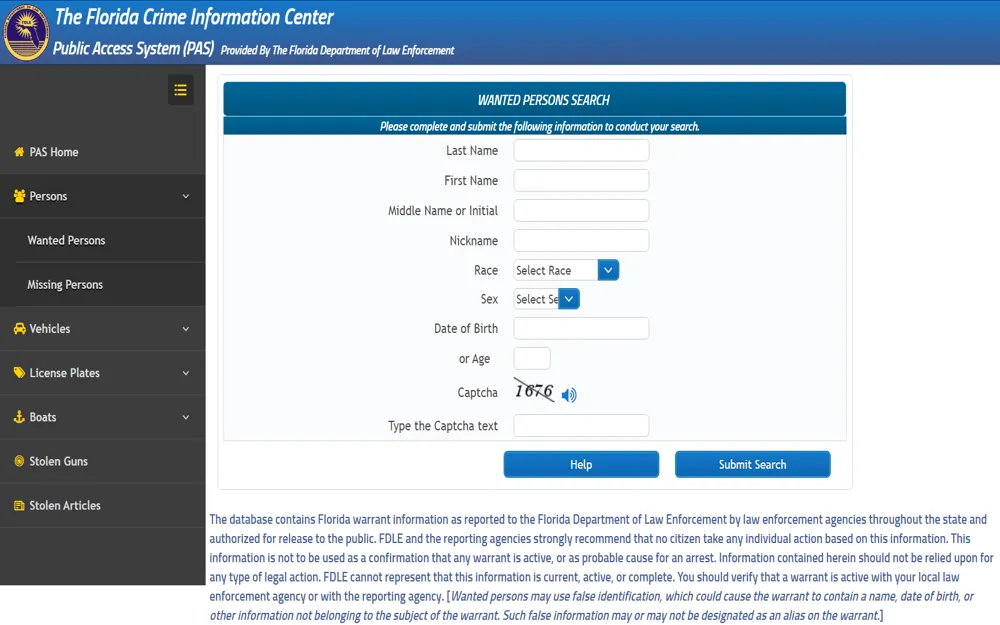 A screenshot from the Florida Department of Law Enforcement where individuals can enter personal details to find information about wanted persons, including sections for last name, first name, race, and sex, alongside a captcha challenge for security.