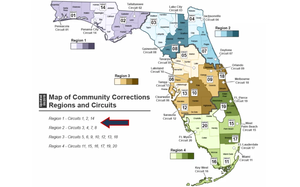A screenshot showing the map of Community Corrections Regions and Circuits divided into four colors based on different regions with different shades based on every circuit.