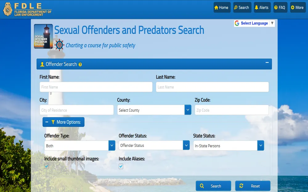 A screenshot of the Sexual Offenders and Predators Search tool showing the needed information to enter to find the offender's information.