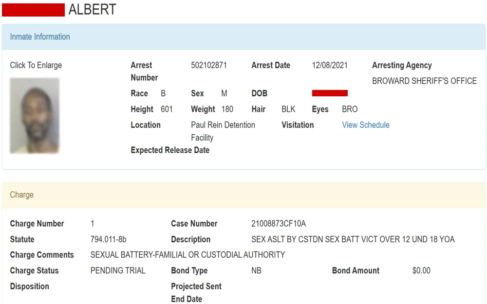 A screenshot of a sample Florida arrest record showing a list of information about the arrested person.